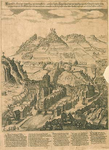 Eigentlicher Abriss und Entwerffung dess vortrefflichen weit ber&uuml;hmbten Keysers Carols badt wie dasselbige eigentlichzwischen vielen hohen grossen Bergen [...] ligen thut [...]